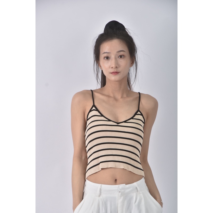 (S) 【安于晴Charlene私服】zara質感吊帶條紋杏色上衣二手衣, , large