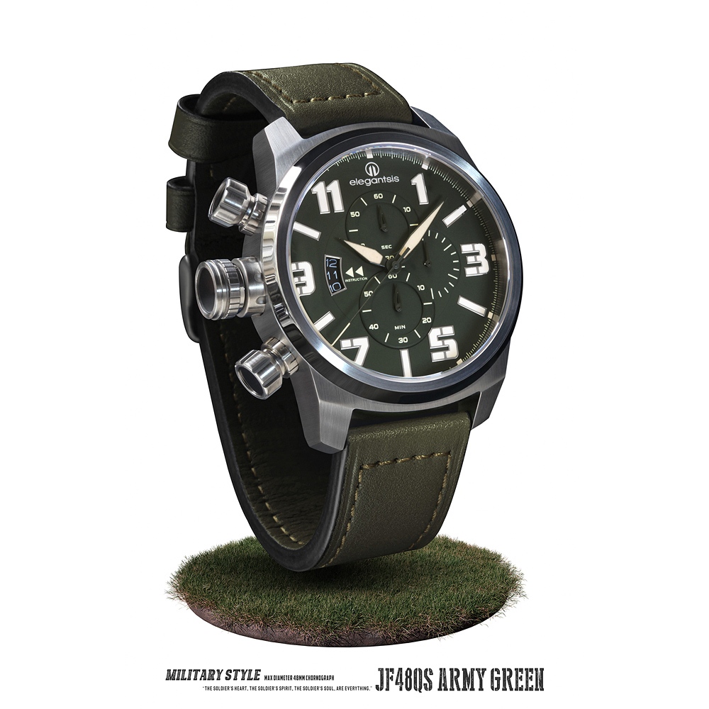 elegantsis 愛樂時 JF48QS-陸海空三軍大錶徑三眼計時手錶-陸軍綠/48mm ELJF48QS-OG05L, , large