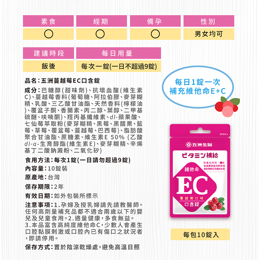 【五洲生醫】蔓越莓維他命EC口含錠(10錠/12包入), , large