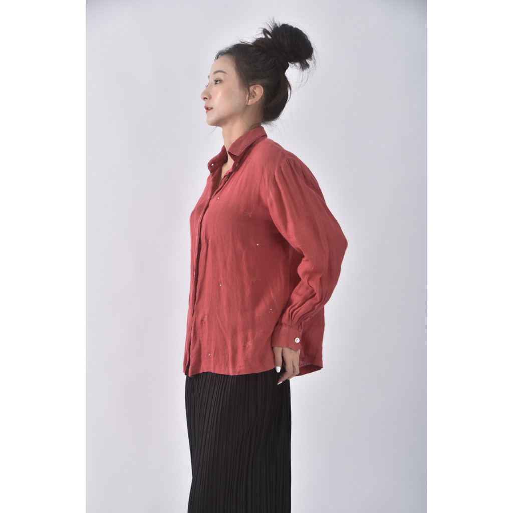 (L) cat de cat亞麻翻領紅色長袖上衣二手衣, , large