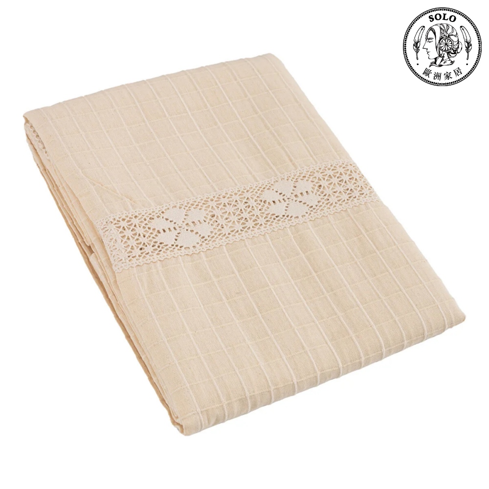 【SOLO歐洲家居】LCW Home 土耳其製150x200cm 純棉亞麻桌布 米色格紋 花邊簍空 餐桌布, , large