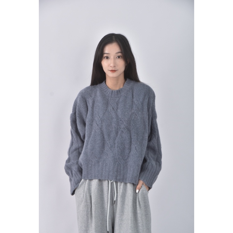 (F) 修身短版圓領藍色毛衣二手衣, , large