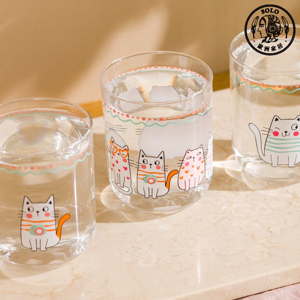【SOLO歐洲家居】LCW Home 土耳其製 350ml 貓咪插畫風可愛玻璃杯三件組 水杯 果汁杯 三入組, , large