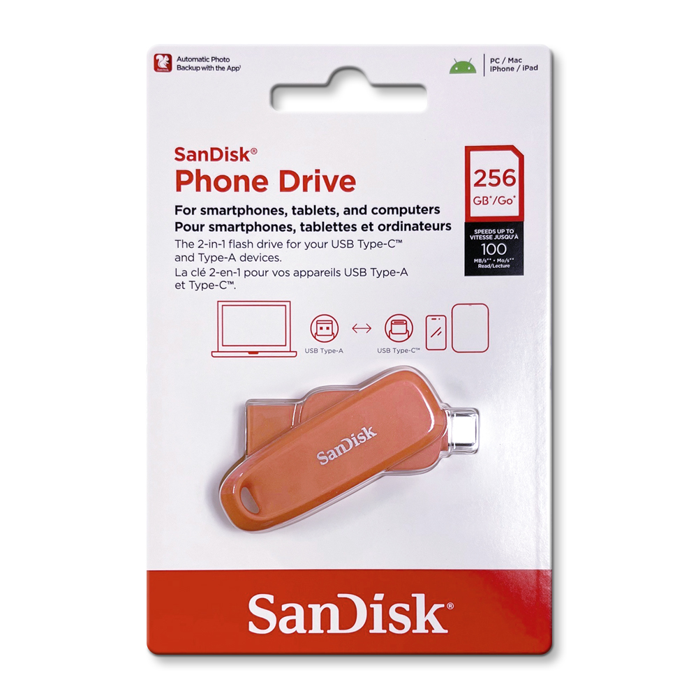 【SanDisk】Phone Drive DDC6 橘色 256G TYPE-C USB 3.2 雙用 OTG 旋轉隨身碟 讀取速度 100MB/s, , large