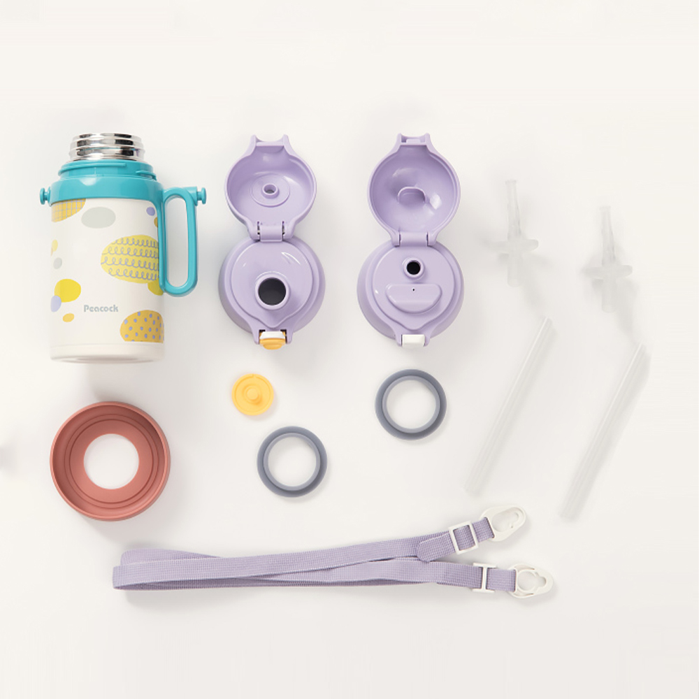 【日本孔雀Peacock】耐衝擊底座 直飲+吸管兩用 兒童不鏽鋼保溫杯水壺490ML(握把+背帶)-紫, , large