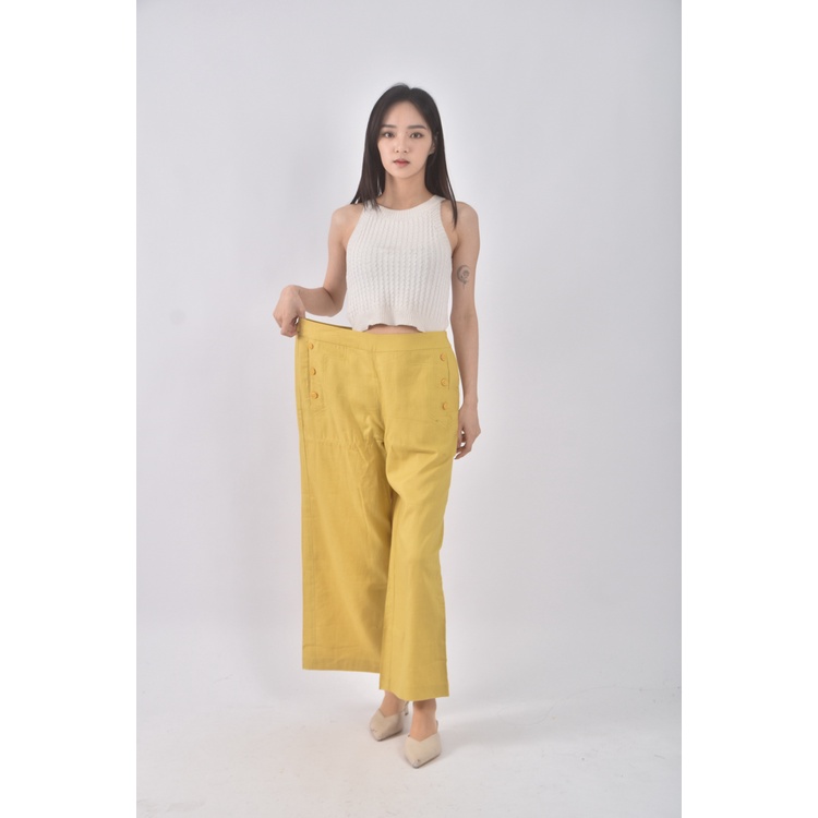 (2XL) etaris steage高腰質感棉質黃色長褲二手衣, , large