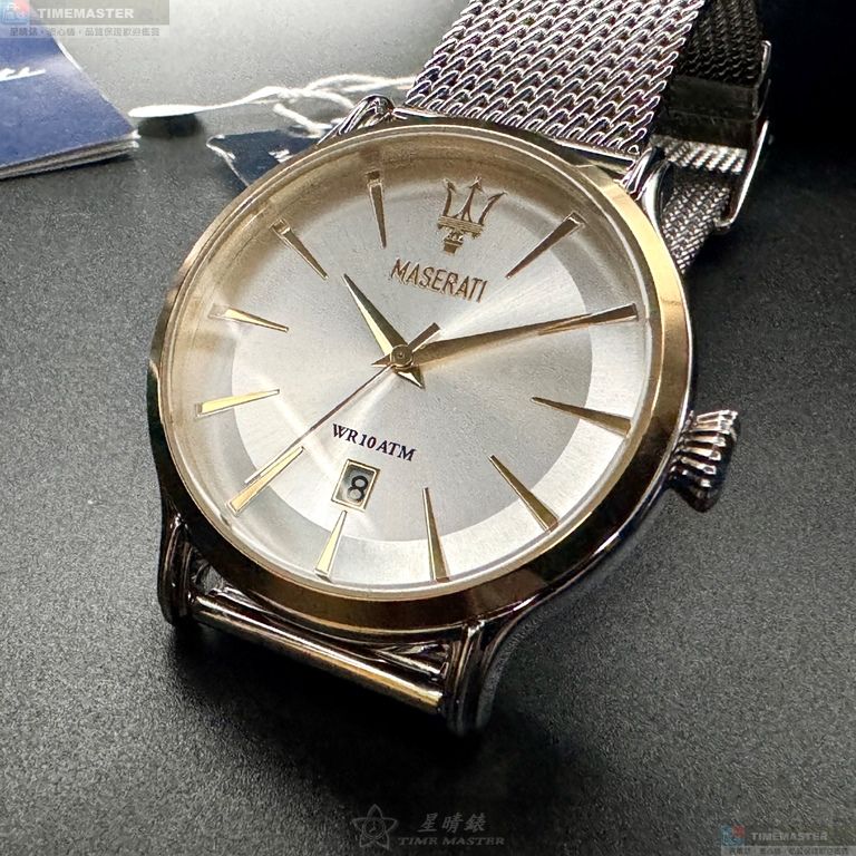 [星晴錶業]MASERATI手錶,42mm,R8853118001銀白色錶面金色錶殼銀色精鋼錶帶款, , large