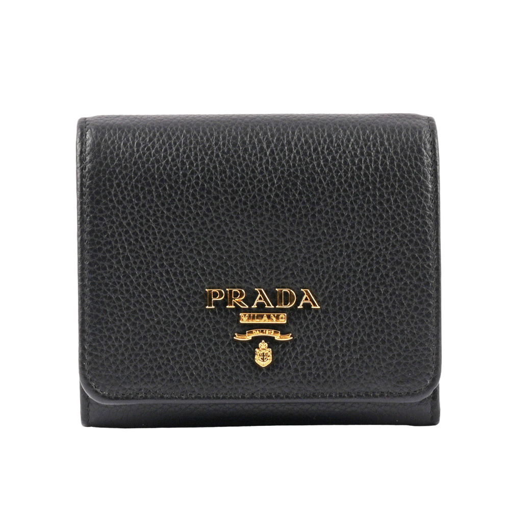 PRADA 浮雕Logo 荔枝皮革暗釦三折短夾/黑色