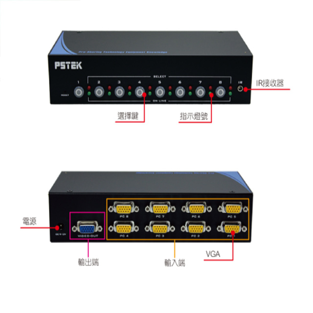 昌運監視器 VS-18 8埠 VGA切換器 純螢幕切換 具自動循序掃描 可相容各VGA顯示規格, , large