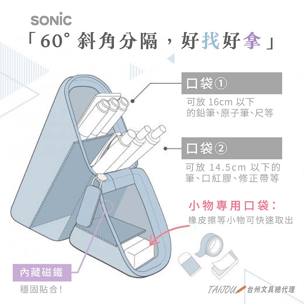 【龍品文創】日本SONIC FD-2286 輕巧三角筆袋-B清透藍, , large