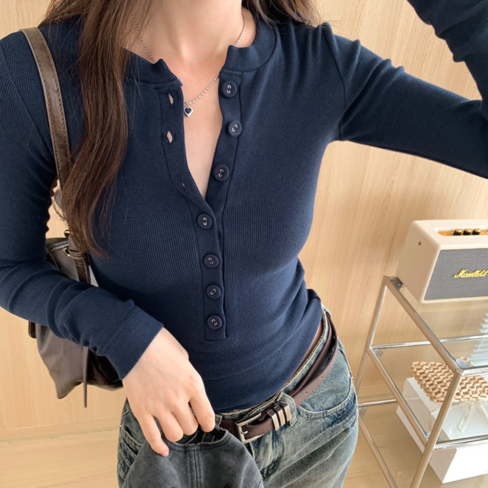 【A&R】設計感修身顯瘦螺紋鈕扣長袖T恤 深海藍,L, , large