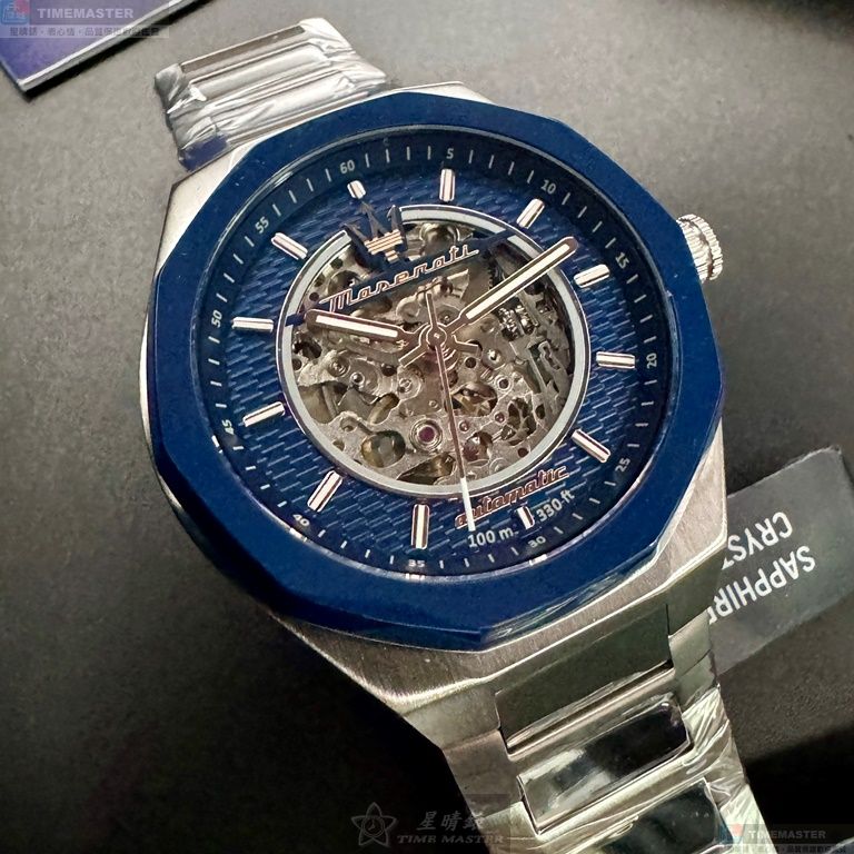 [星晴錶業]MASERATI手錶,46mm,R8823142004寶藍色雙面機械鏤空錶面寶藍錶殼銀色精鋼錶帶款, , large