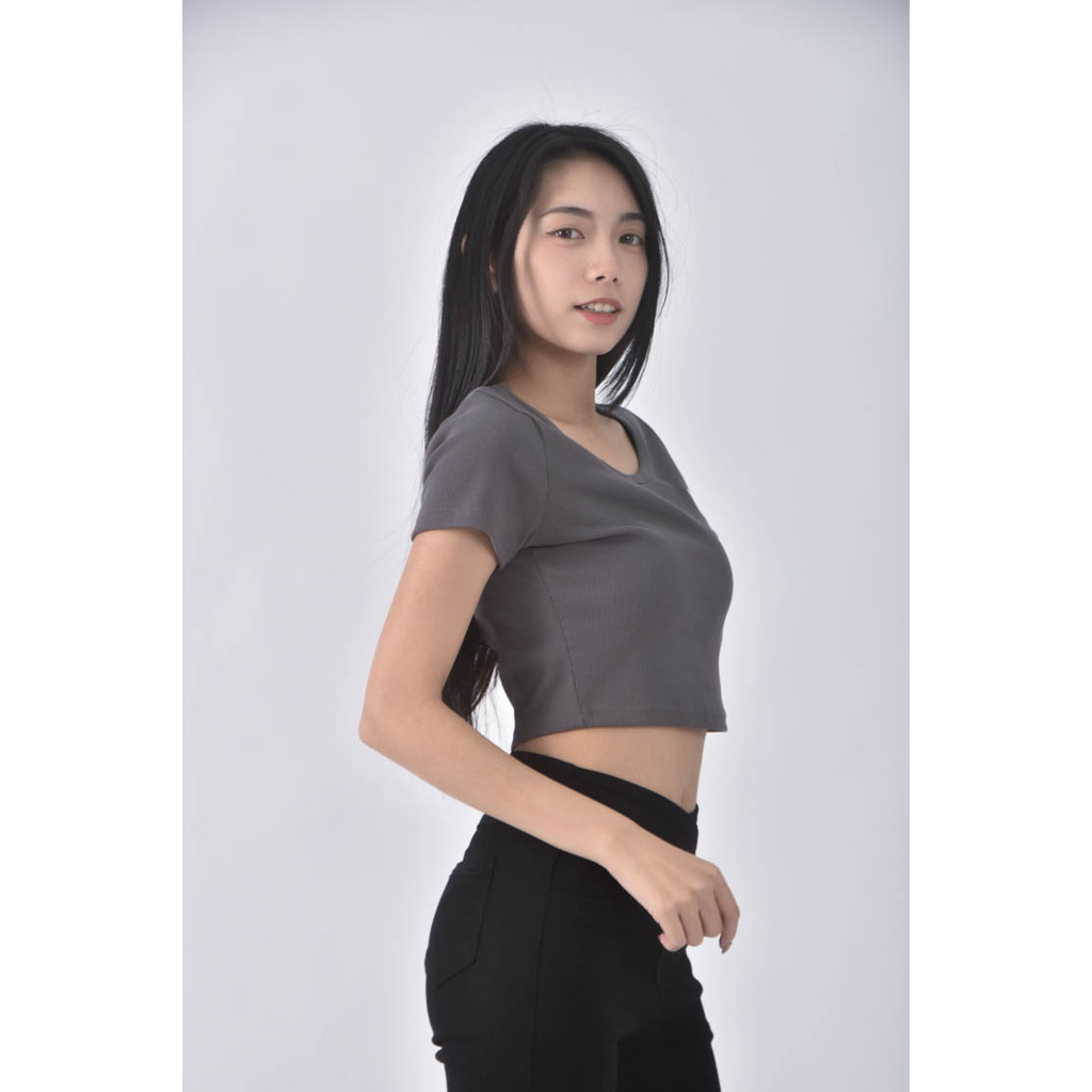 (S) 【粿粿私服】gu修身短版棉質羅紋灰色短袖上衣二手衣, , large
