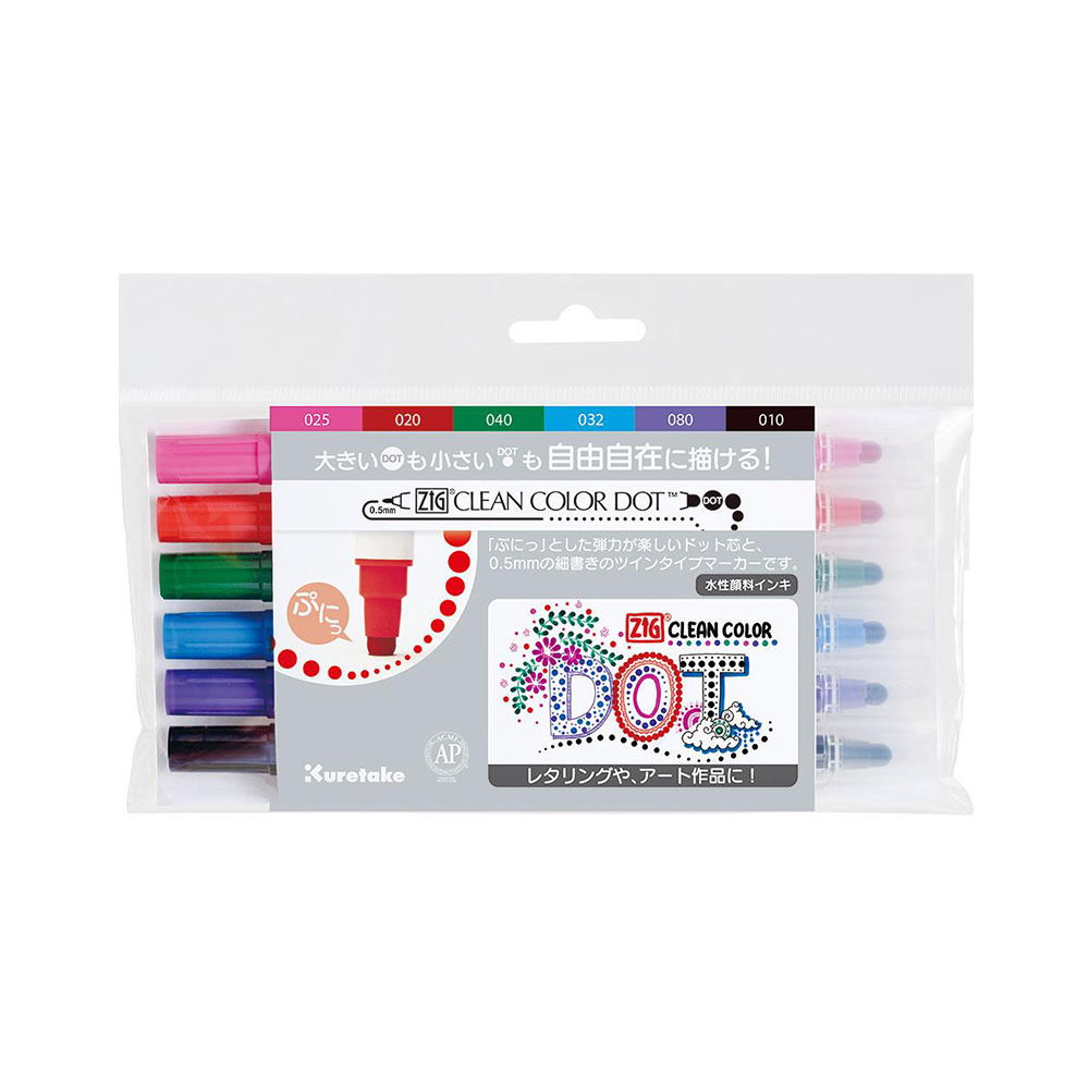 【Kuretake 吳竹】ZIG Clean Color Dot 點點筆 一般色 六色組 /盒 TC-6100-6V(日本品牌), , large