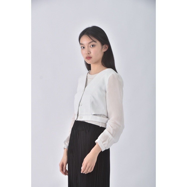 (S) air space lady質感修身短版拼接白色襯衫上衣二手衣, , large