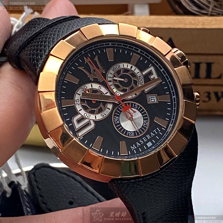 [星晴錶業]MASERATI手錶,44mm,R8871603002黑色錶面玫瑰金錶殼深黑色真皮皮革錶帶款, , large