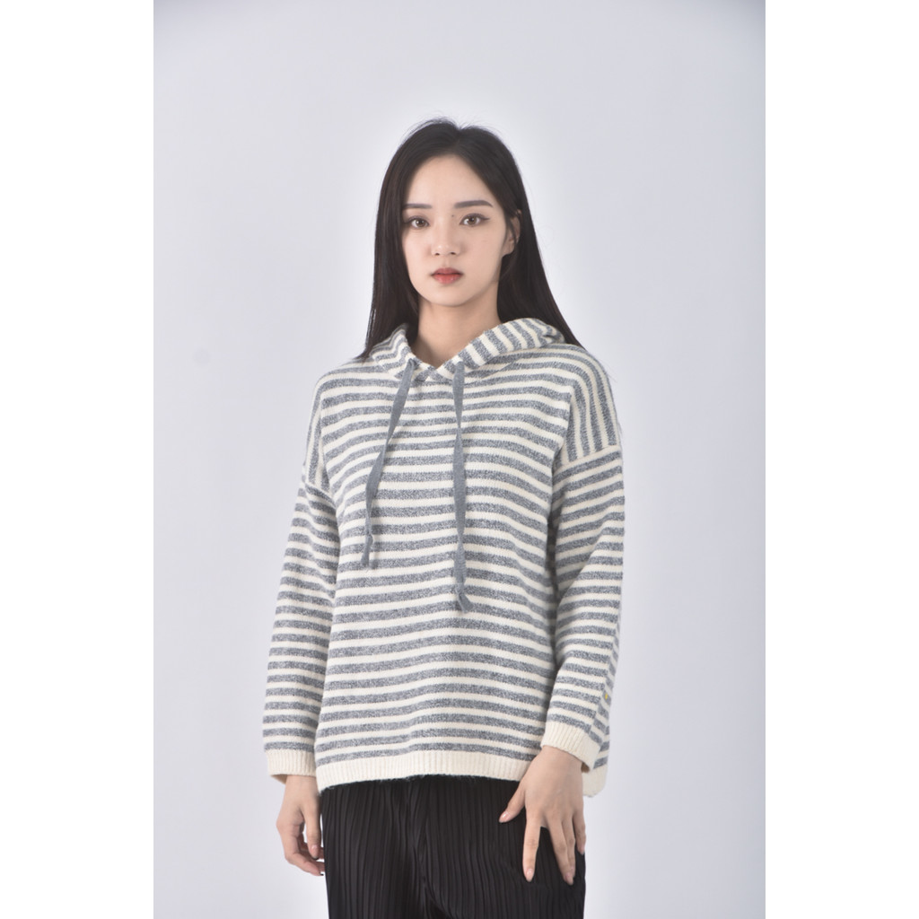 (XL) 質感針織連帽條紋灰色長袖上衣二手衣