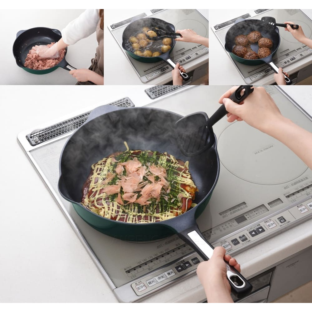 日本Arnest Bellfina鑽石超輕量IH雙口深型不沾炒鍋30cm-森林綠(IH和電磁爐可用), , large