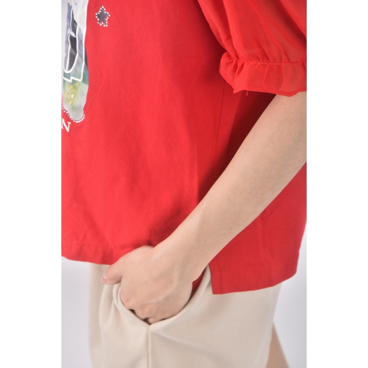 (M) huslidesign棉質雪紡拼接紅色短袖上衣二手衣, , large