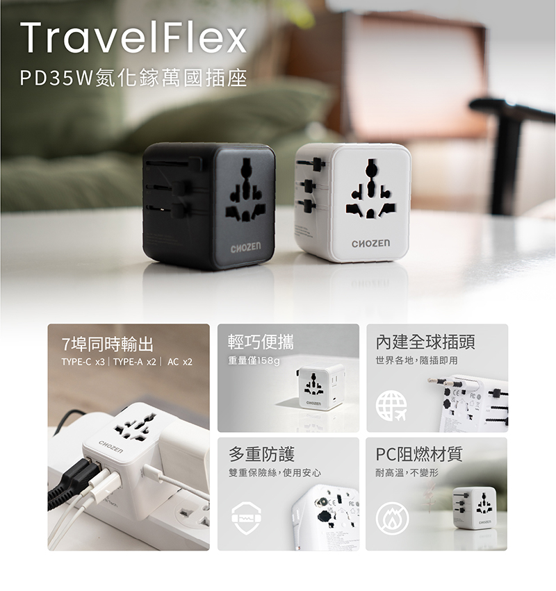 【CHOZEN】35W Gallium Nitride (GaN) PD Fast Charging Universal Adapter | Travel Charger (Cosmic Black) TA35B, , large