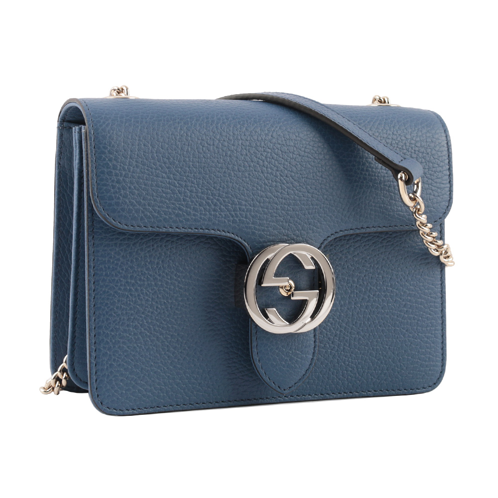 GUCCI 金屬雙G Logo荔枝皮革方形斜背包/藍色, , large