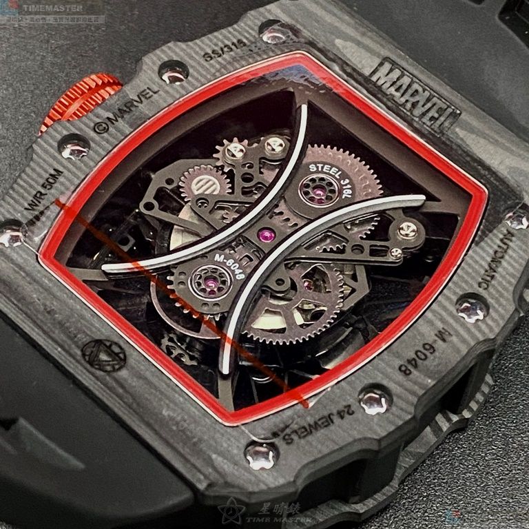 [星晴錶業]MARVEL手錶,44mm, 50mm,MARV001雙面機械鏤空錶面黑錶殼深黑色矽膠錶帶款, , large