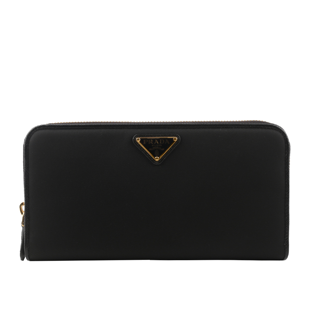 PRADA 金色三角牌Logo 尼龍ㄇ型拉鏈長夾/黑色, , large