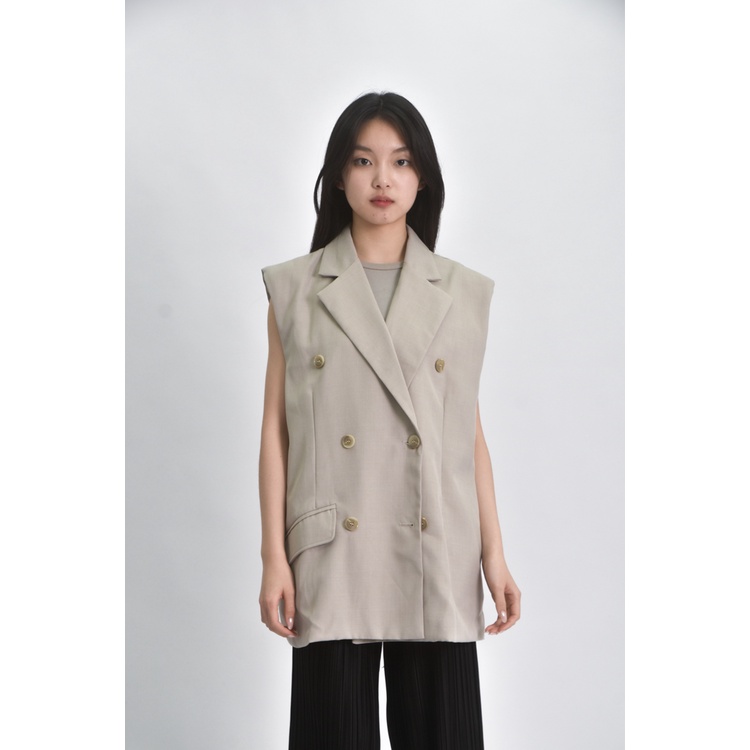 (L) komm 31 style質感西裝無袖灰杏色外套二手衣, , large
