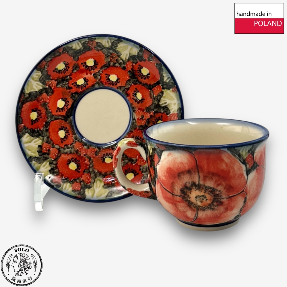 【SOLO Vintage】Cerraf Polish Pottery 200ml Coffee Cup + Saucer Set Crimson Sunset Floral Whisper Series Made in Poland, , large