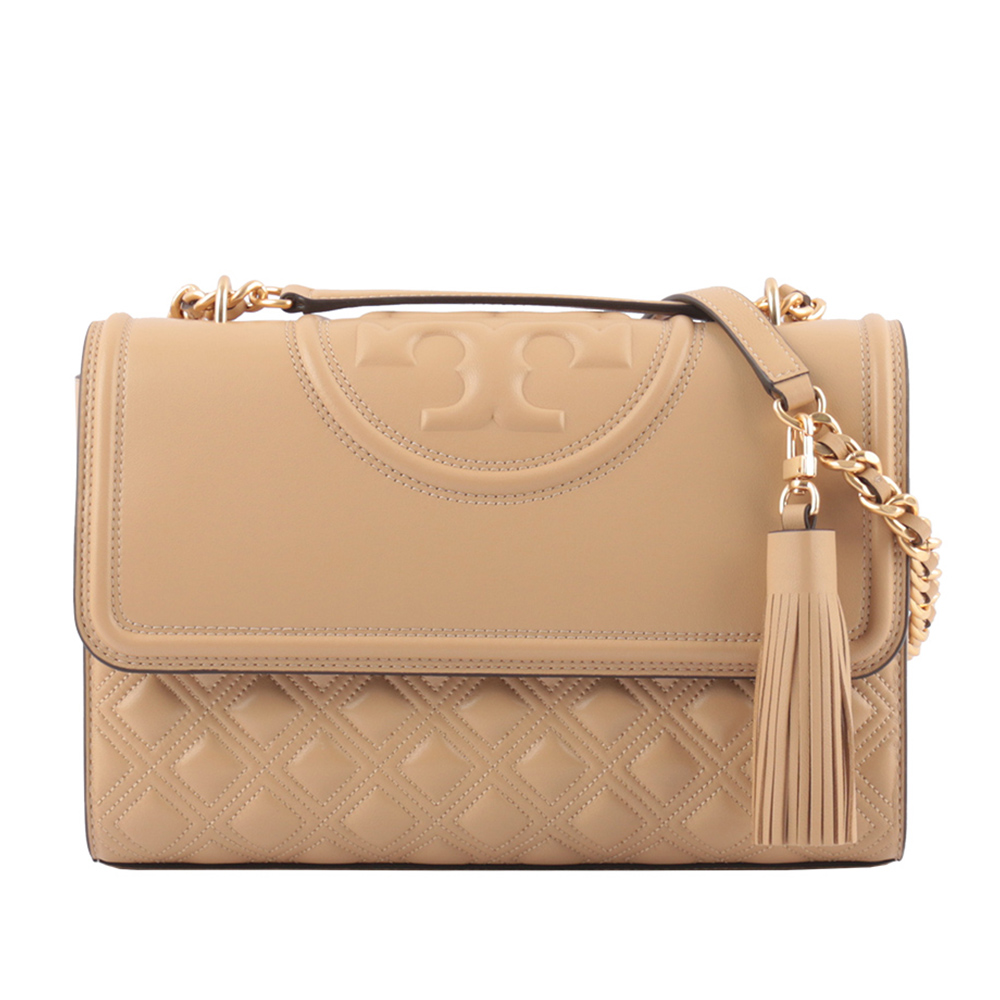 Tory Burch Fleming 縫線翻蓋流蘇二用包/沙色
