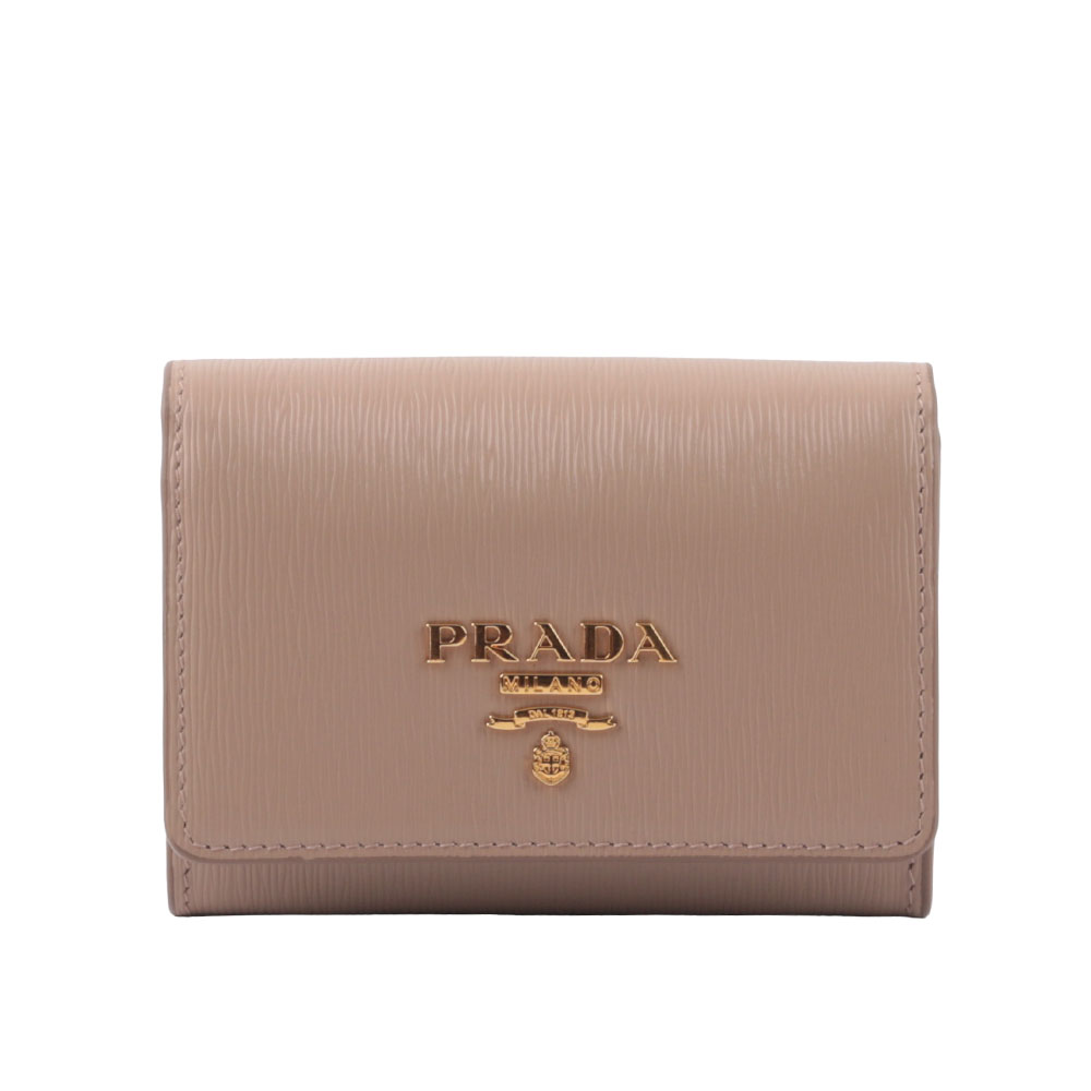 PRADA 浮雕Logo 水波紋皮革翻蓋卡夾/零錢包/藕粉色, , large