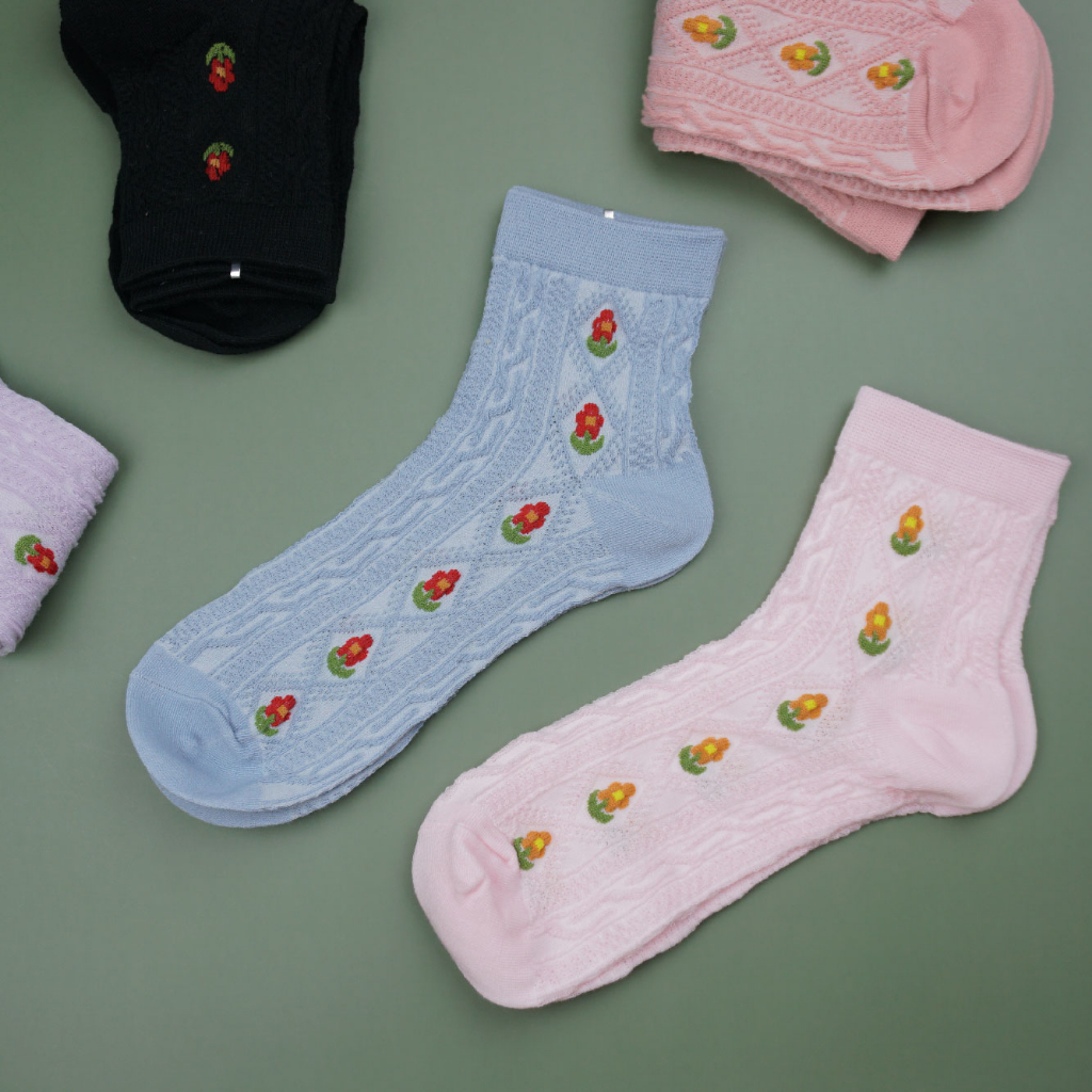 [Kaimei Cotton Industry] 8 pairs set, random and excellent, MIT made in Taiwan, reverse woven 1/2 pure cotton women's socks, small flowers, , large