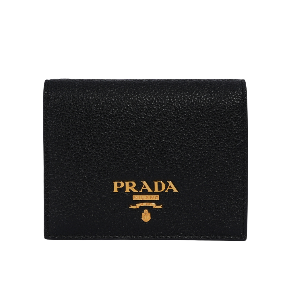 PRADA 浮雕Logo 荔枝皮革內拼色二折零錢袋短夾/黑色/藕粉色