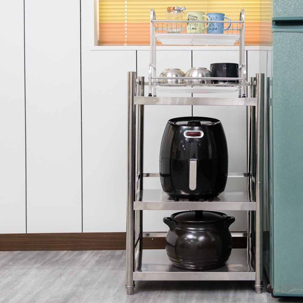 【誠宜居家】60x40x91公分 (三面圍欄-三層不鏽鋼置物架)升級款加粗加厚-加強底部橫梁 收納架 不鏽鋼置物架 不銹鋼置物架 廚房不銹鋼置物架 置物架 家電架 廚房架 架子, , large