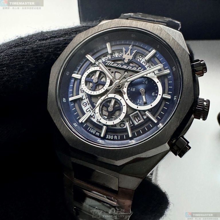 [星晴錶業]MASERATI手錶,46mm,R8873642012寶藍機械鏤空錶面黑錶殼深黑色精鋼錶帶款, , large