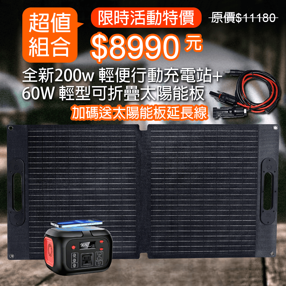 【iSOLAR】200w 輕便行動充電站 配有無線充電+60W輕型可折疊太陽能板 輕量 登山 輕量便攜 多設備充電 戶外電源 露營 車泊 旅行 補電 露營電源 電力供應 旅行 戶外充電 太陽能充電板 備用電源 充電器 便攜 環保綠能, , large