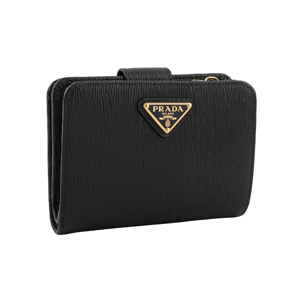 PRADA 三角牌Logo水波紋拉鍊釦式厚款零錢短夾/黑色, , large