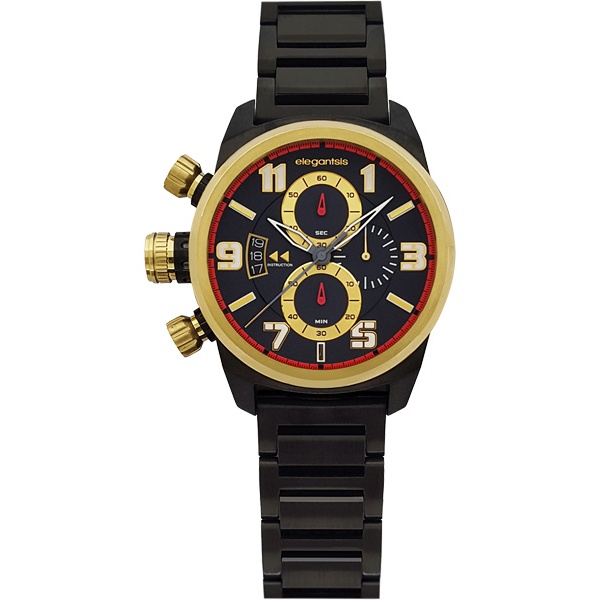 elegantsis Army ELJF48JKS 三眼計時腕錶-IP黑x金時標/43mm ELJF48JKS-OB01, , large