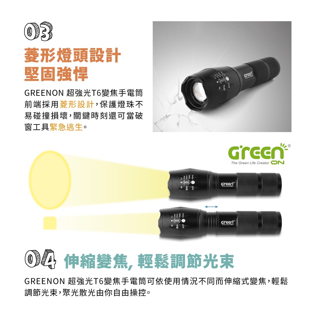 【GREENON】超強光T6變焦手電筒(GSL600) 電池版 伸縮變焦 停電緊急照明, , large