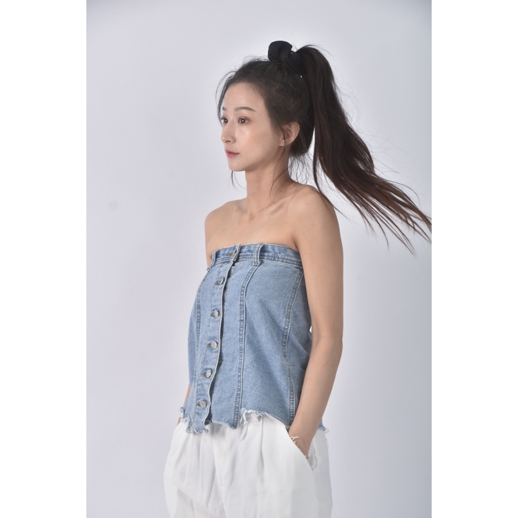 (S) 【安于晴Charlene私服】丹寧牛仔質感抹胸藍色上衣二手衣, , large