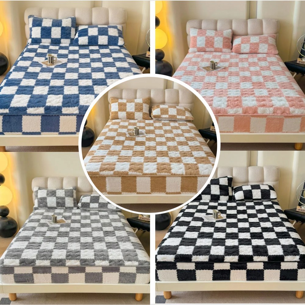 三件組 北歐簡約高質感 北極絨加厚床包枕套組 棋盤格款 150x200CM-祭司棕, , large