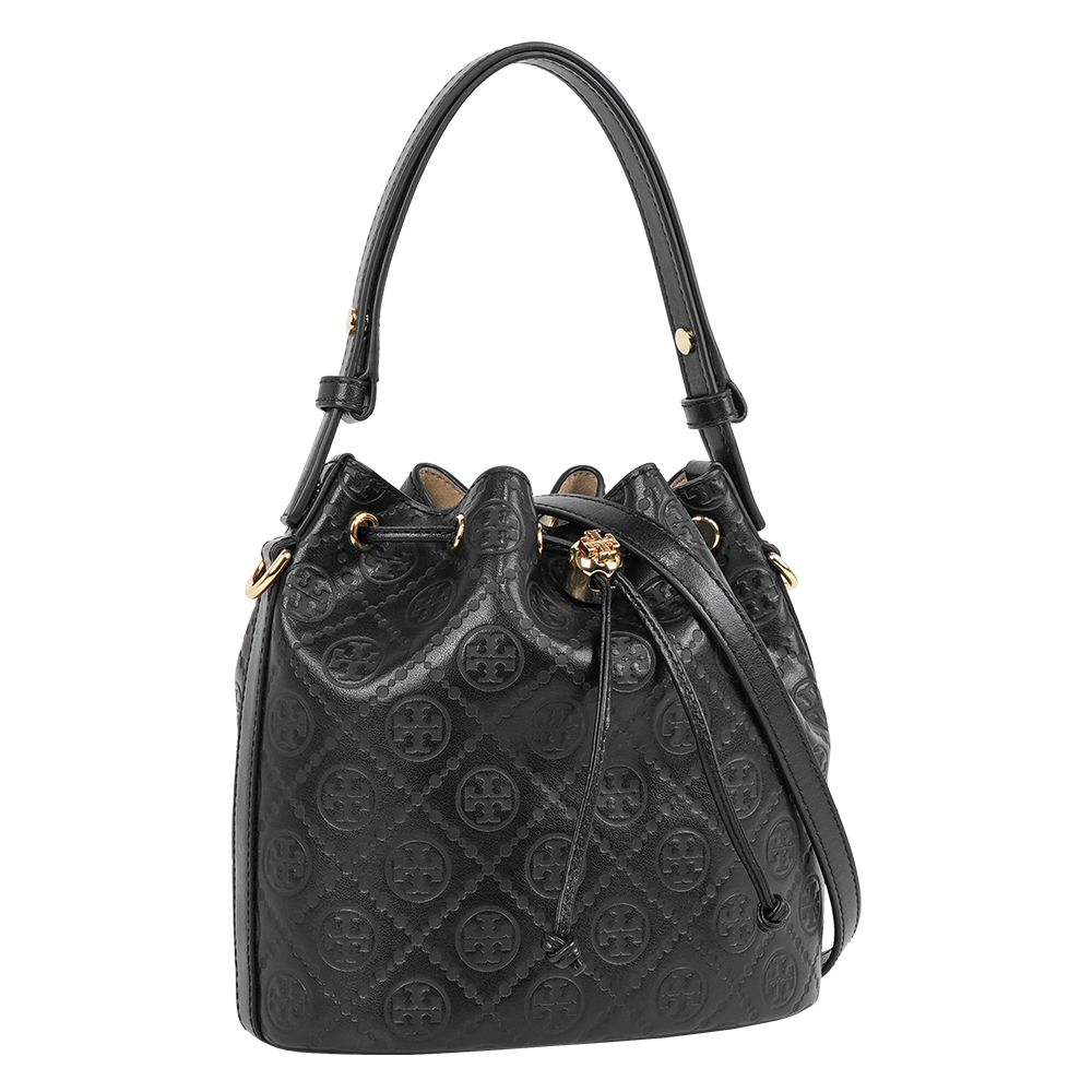 TORY BURCH T Monogram 皮革壓紋水桶包(黑色), , large