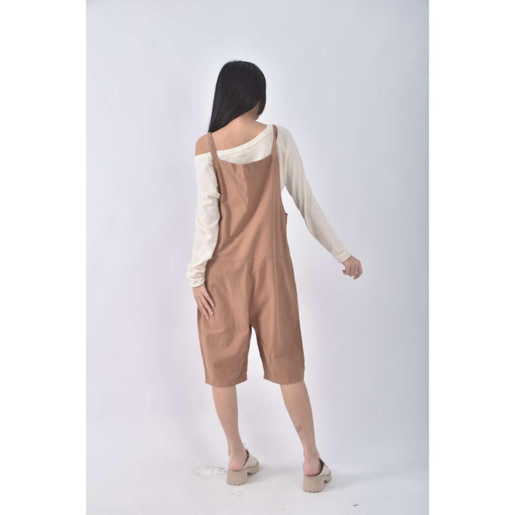 (F) leng leng高腰吊帶口袋棕色連身裝二手衣, , large