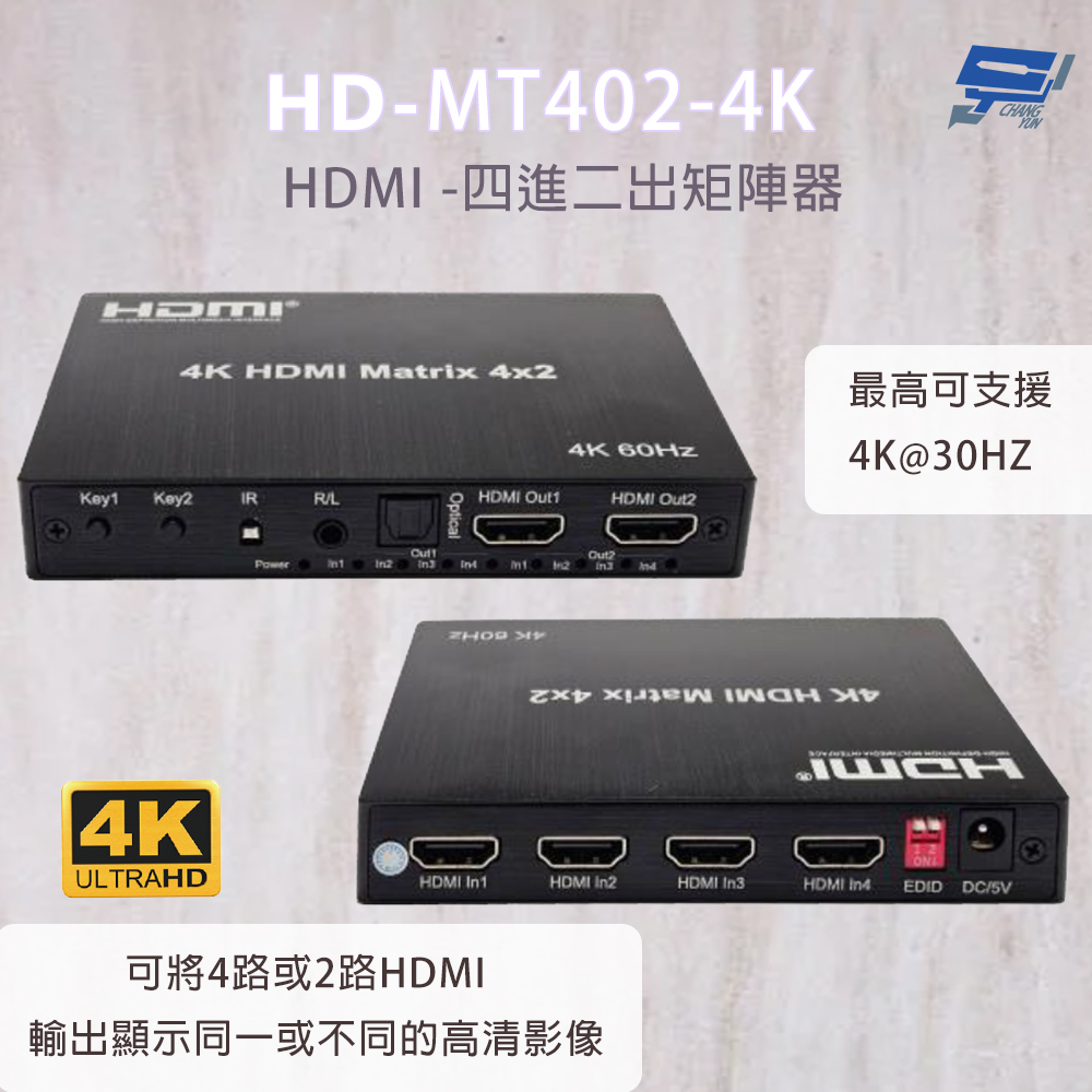 昌運監視器 HD-MT402-4K 4K HDMI四進二出矩陣器 可將2路HDMI輸出顯示同一或不同的高清影像, , large