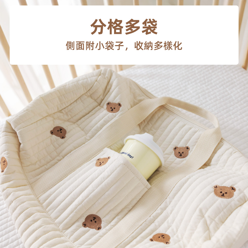 【上手家居】純棉刺繡媽媽包 刺繡小熊(波士頓包/媽咪包/行李包/母嬰包/旅行收納包), , large