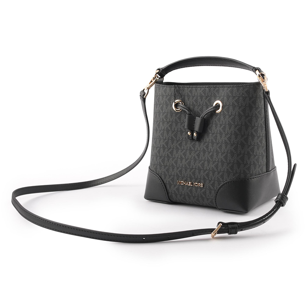 Michael Kors Mercer 塗層帆布束繩設計小款水桶包/黑色, , large