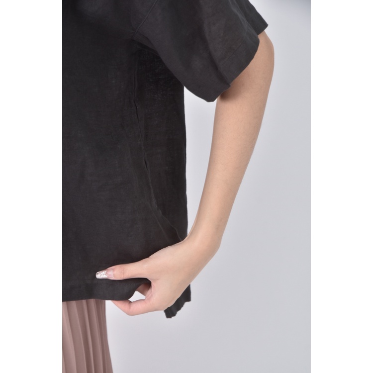 (F) 質感亞麻純亞麻黑色短袖上衣二手衣, , large