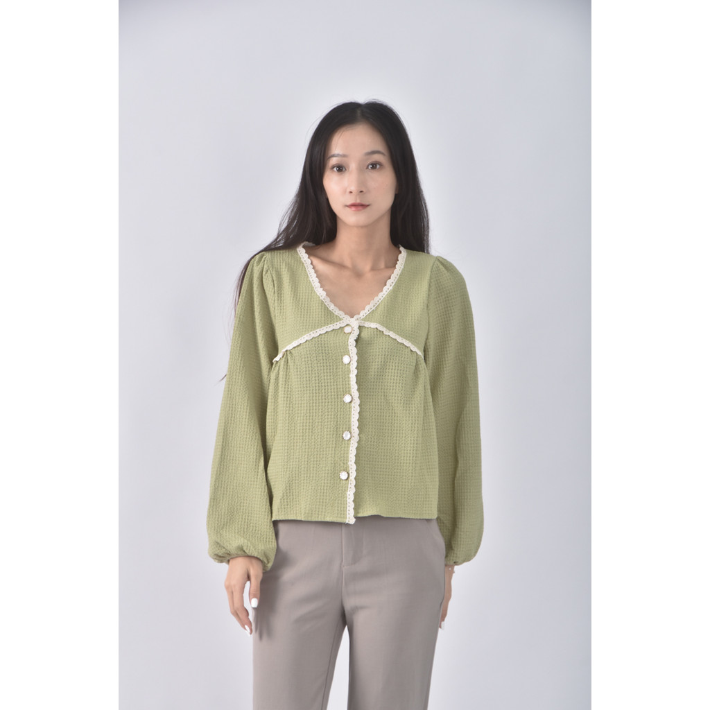 (S) miss 向日葵質感圓領綠色長袖上衣二手衣, , large