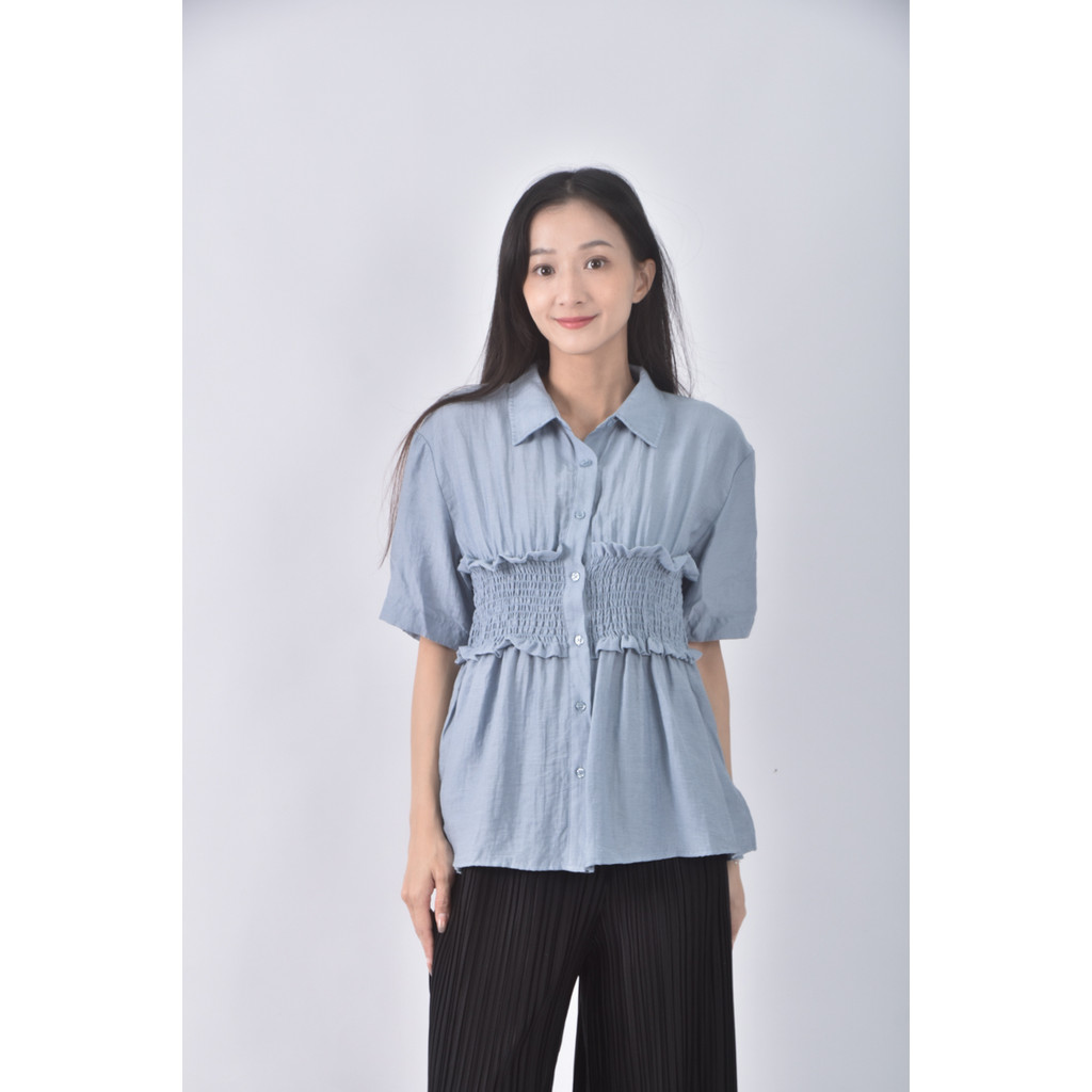 (S) retro girl亞麻收腰藍色襯衫上衣二手衣, , large