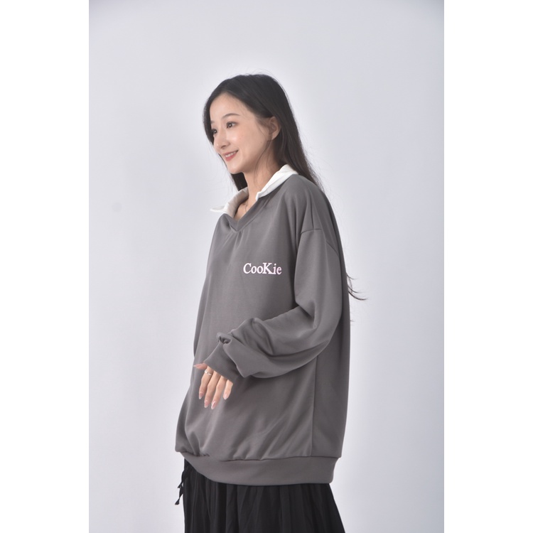 (XL) 質感假兩件灰色長袖上衣二手衣, , large